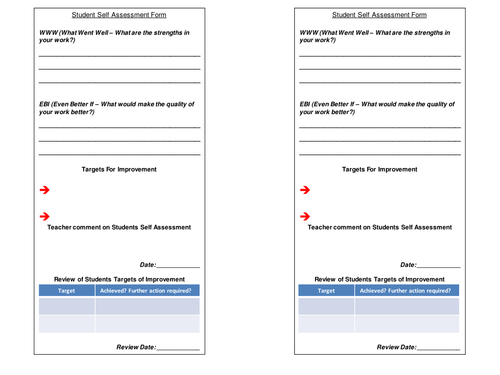 Student Self Assessment Form - with Teacher feedback and Target Review