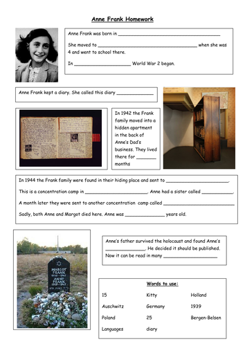 Anne Frank Homework sheet