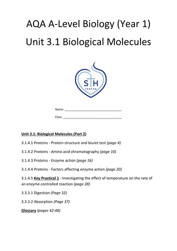AQA A-Level (Year 1) - Unit 3.1.4 and 3.3.3 - Proteins Enzymes and Digestion workbook