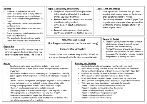 Habitats pick and mix homework sheet