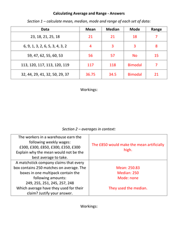 Calculating Averages and Range | Teaching Resources