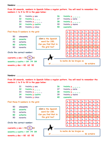 KS3 Spanish starter - numbers 31 to 100