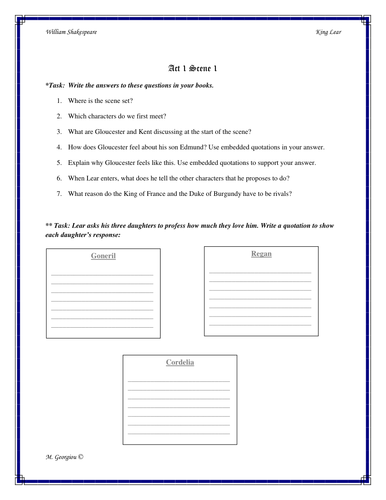 Shakespeare's King Lear Act 1 Workbook/Activity Pack