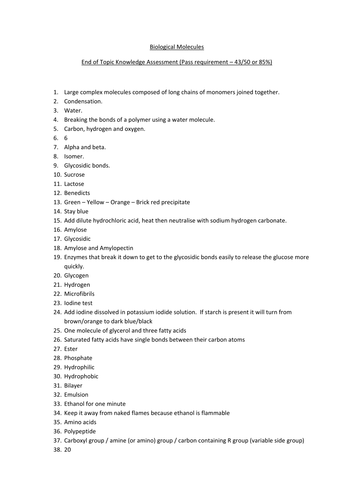 NEW AS BIOLOGY - Knowledge based tests