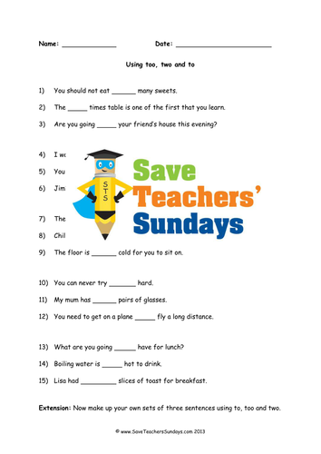 Using Too, Two and To Lesson Plan and Worksheet