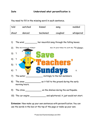 Personification Lesson Plan, Worksheets and Other Resources