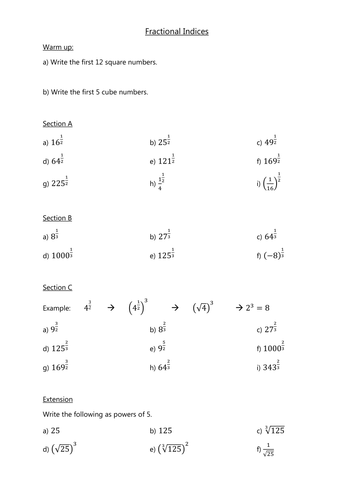 Indices Year 9 Worksheet