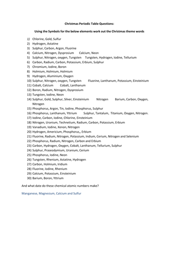 Christmas Quiz- The Periodic Table
