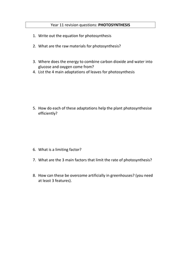 Photosynthesis revision questions/Living organisms in their environment topic
