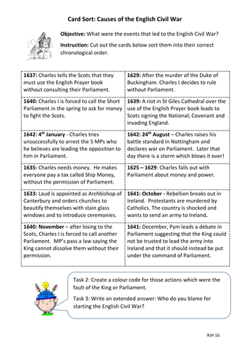 Card Sort Causes Of The English Civil War Chronology Exercise