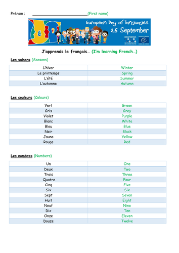 Lesson Worksheet and Answers - European Day of Languages - French