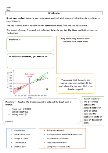 Breakeven worksheet suitable for BTEC GCSE and A level