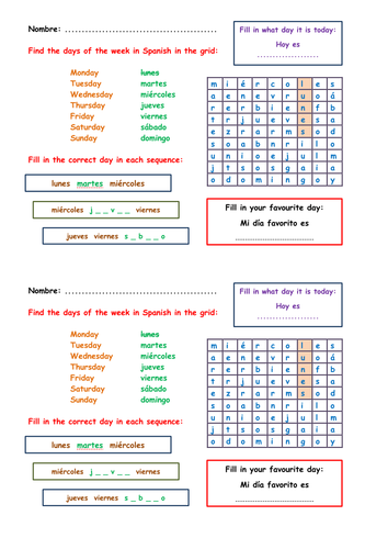 KS3 Spanish starter - days of the week