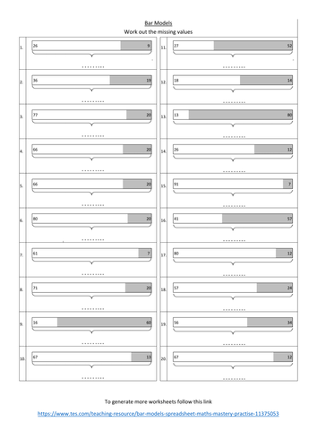 Bar Models worksheet, maths mastery practise