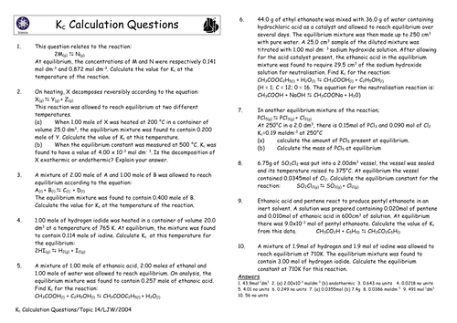 A Level Kc Calculation questions with answers