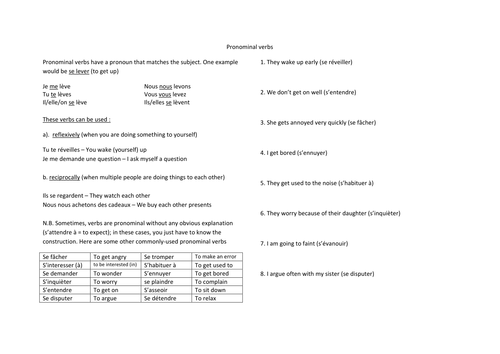 Les verbes pronominaux / pronominal verbs