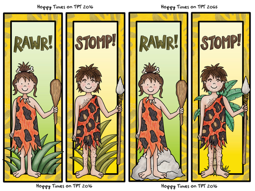 4 STONE AGE BOOKMARKS (prehistoric caveman dinosaurs reading)