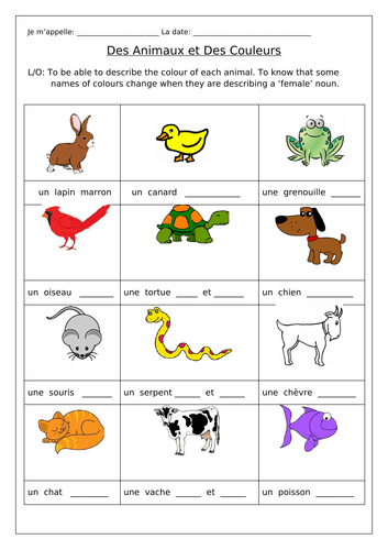 FRENCH - Animals & Colours - Des Animaux et Des Couleurs - Worksheets