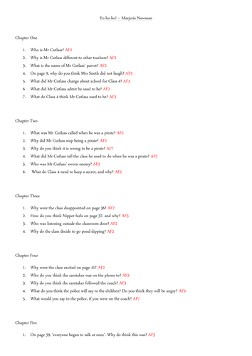 Yo ho ho Marjorie Newman Reading Comprehension Questions