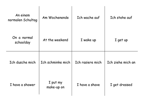 Quiz quiz trade cards for German daily routine phrases