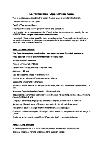Le Formulaire - Notes on how to complete the 'CV'/'Form' from OL Leaving Cert exam