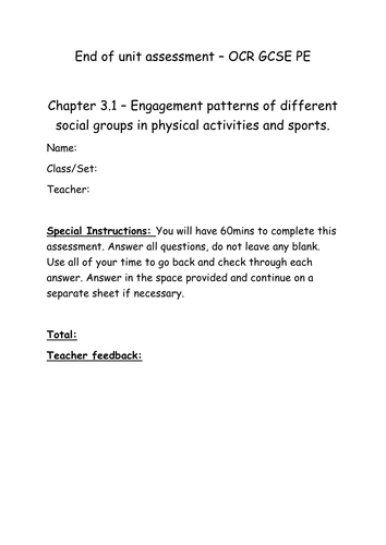 Chapter 3.1 Engagement patterns in sport assessment and mark scheme OCR GCSE PE 2016 spec