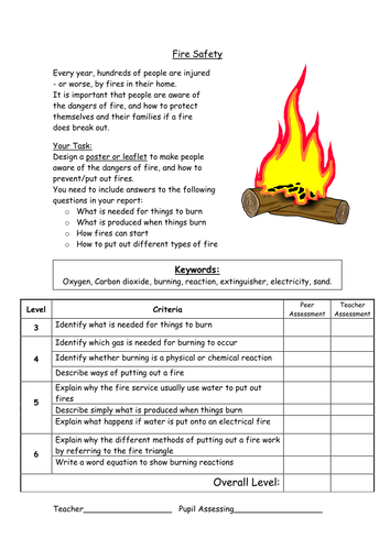KS3 learning ladder on fire safety with level crietria
