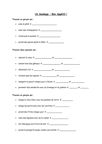 Food survey/Worksheet - Class activity