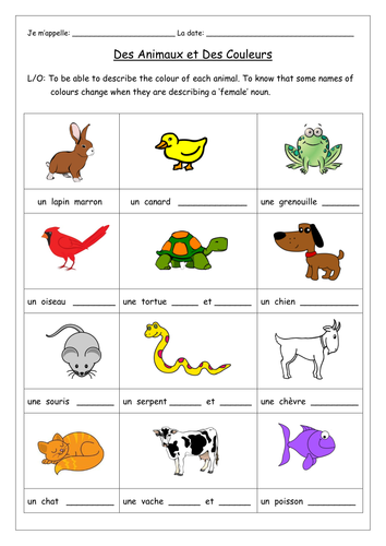 FRENCH - Animals & Colours - Des Animaux et Des Couleurs - Worksheets
