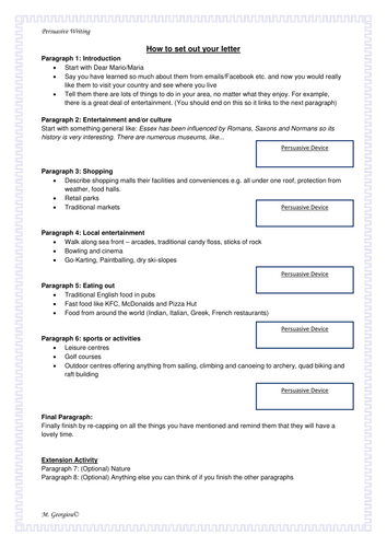 Persuasive Writing Task - Persuade a friend to visit your area GCSE English Exam Preparation