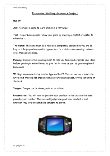Fun persuasive homework project - design and sell a computer game