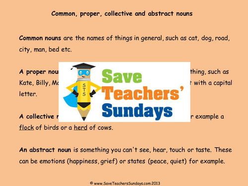 Proper, Common, Abstract and Collective Nouns Lesson Plan and Worksheet