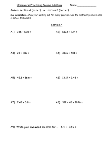 addition and subtraction homework year 3