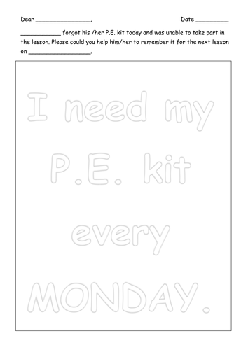 P.E. kit reminder