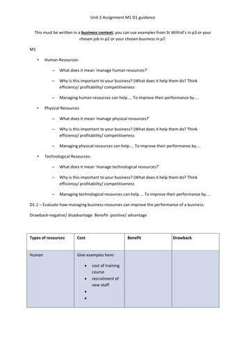 BTEC Business unit 2 M1 D1 help - writing frame - Business resources