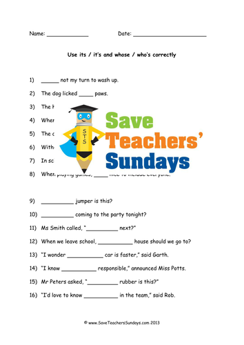 Its / It's and Whose / Who's Lesson Plan and Worksheets