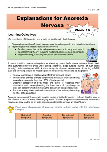 Option 2 Eating Behaviour Week 16 Workbook - Explanations for Anorexia Nervosa
