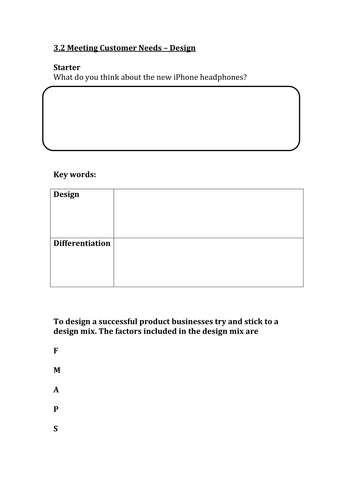 Unit 3 GCSE Edexcel Business Studies Student notes sheets