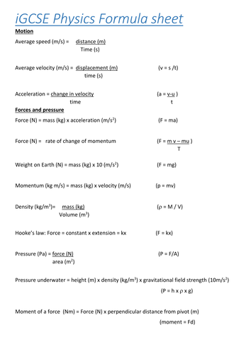 Cambridge Igcse Physics Formula Booklet Teaching Resources