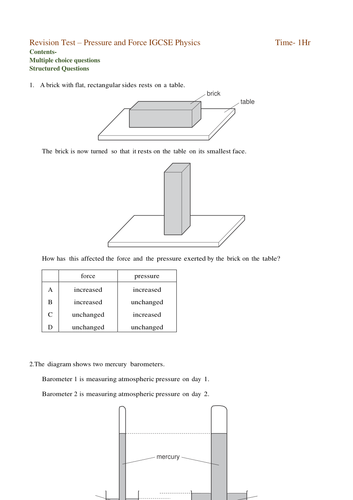 Revision Test IGCSE Physics Force and Pressure