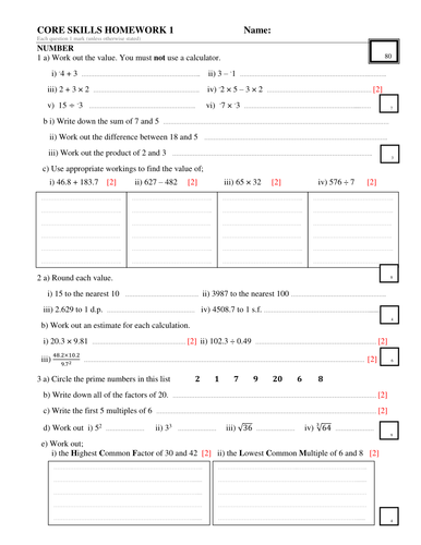 Maths core skills and extended skills homework or revision resource