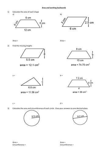 Area of parallelograms, trapeziums, circles and sectors, including