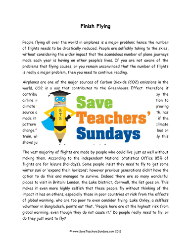 Persuasive Text Comprehension / Guided Reading (3 levels of difficulty) - Use Airplanes Less