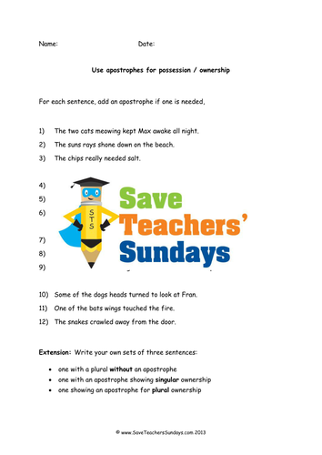 Possessive Apostrophes Lesson Plan and Worksheets