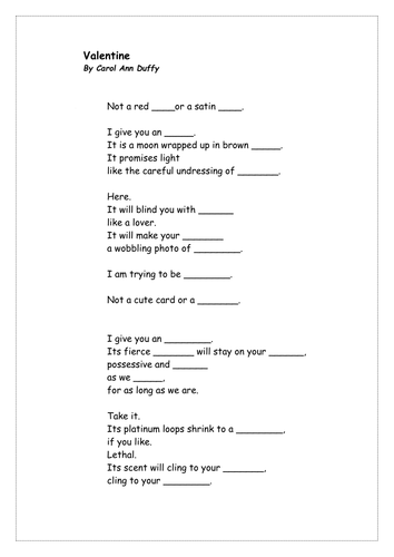 Carol Ann Duffy  Valentine power points worksheets lesson plan resources