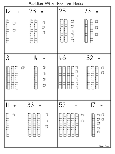 Basic 2-Digit Addition with Base Ten Blocks Worksheet
