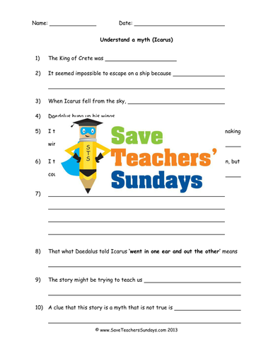 Myths and Legends Comprehension Lesson Plan and Worksheets (4)