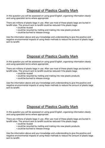 Disposal of Plastic Quality Mark Assessment (TASK ONLY)