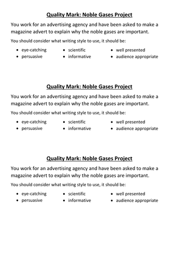 Noble Gases Research Project Quality Mark Assessment (TASK ONLY)