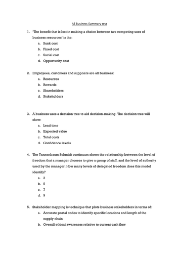 Managers, Leaders and Stakeholders summary test